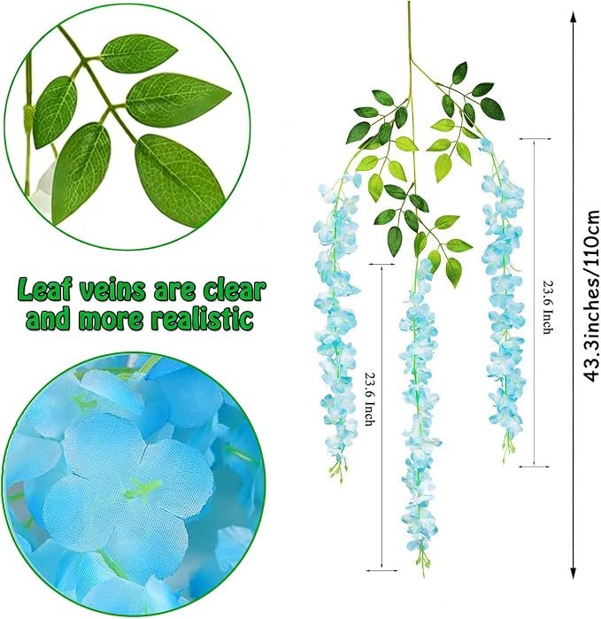 Artificial Wisteria Hanging Flowers Fake Wisteria Flower Garland Silk Vines Rattan Decor for Home Wedding Arch Wall Garden Greenery Bedroom Outdoor Office Party Decoration (24, Blue)