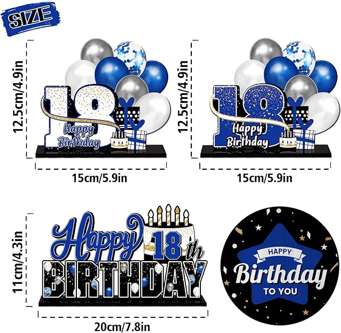 LINGTEER Happy 18th Birthday Blue Acrylic Table Topper Centerpieces Set - Cheers to Eighteen Years Old Birthday 18th Bday Party Gift Decorations.
