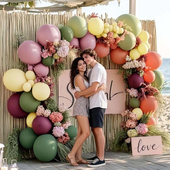 Dusty Pink Green Yellow Balloon Garland - Double Stuffed Sage Olive Green Mauve Matte Pastel Plum Balloon Arch Kit for Baby Shower Birthday Floral Enchanted Forest Valentines Party Decoration