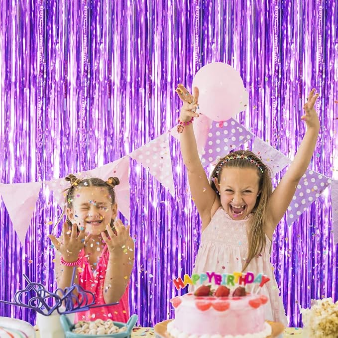 GOER 3.2 ft x 8.2 ft Metallic Tinsel Foil Fringe Curtains Party Photo Backdrop Party Streamers for Halloween Birthday,Graduation,New Year Eve Decorations (4 Packs,Purple)