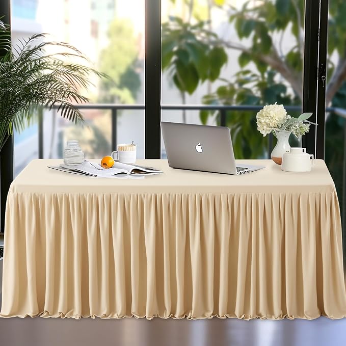 2 Pack Dark Champagne Tablecloths for Rectangle Tables 4ft, Wrinkle Resistant Champagne Table Cover Fitted Stretch Table Cloth with Pleated Ruffle Skirts for Party Banquet Dining Birthday Wedding
