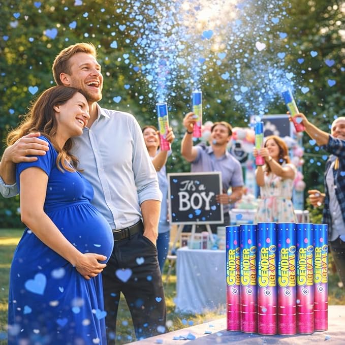 Gender Reveal Confetti Cannons – 6 Pack Blue Party Poppers – Baby Boy Gender Reveal Cannon Kit with Heart-Shaped Confetti – Easy Twist Shooters for Baby Reveal Party Decorations