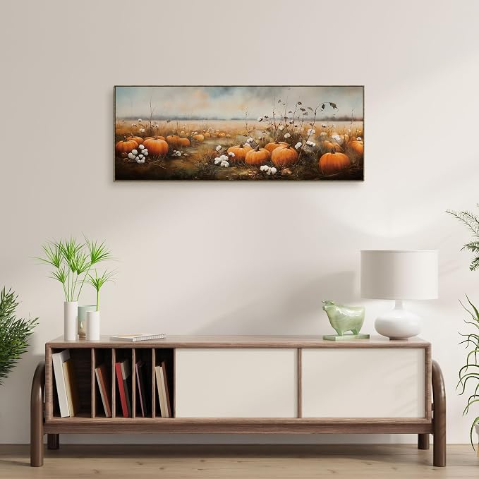 TLESKE Vintage Fall Pumpkin Farmhouse Large Wall Art Decor Framed 15x40 | Autumn Pumpkin Field Landscape Canvas Wall Art Print for Bedroom Living Room, Rustic Farm Harvest Wall Artwork Picture