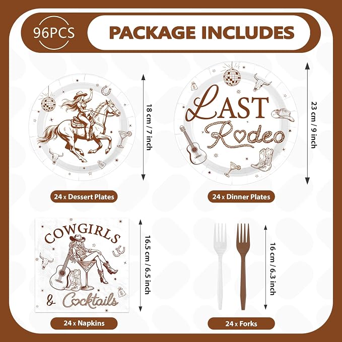 96Pcs Last Rodeo Bachelorette Party Decorations Wild Wife Plates and Napkins Tableware Set Cowgirls and Cocktails Decorations for Western Cowgirl Bride to Be Bachelorette Supplies Serves 24