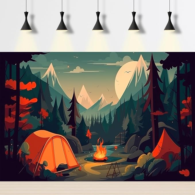 Cartoon Camping Adventure Backdrop Mountain Forest Stream Scenery Outdoor Campfire Photography Background Camper Tent Theme Birthday Party Backdrop Climbing Hiking Backpacks Background 12x8ft