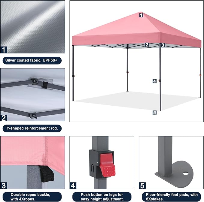 COOSHADE Durable Easy Pop Up Canopy Tent 10x10Ft, Pink