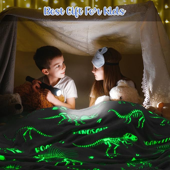 Dinosaur Toys for Kids 3-5 Glow in The Dark Blanket Dinosaur Blanket Dino World Christmas Birthday Easter Gifts for 2 3 4 5 6 7 8 Year Old Boy Girls Toddler Gray Glowing Dinosaurs Room Decor 50"x60"