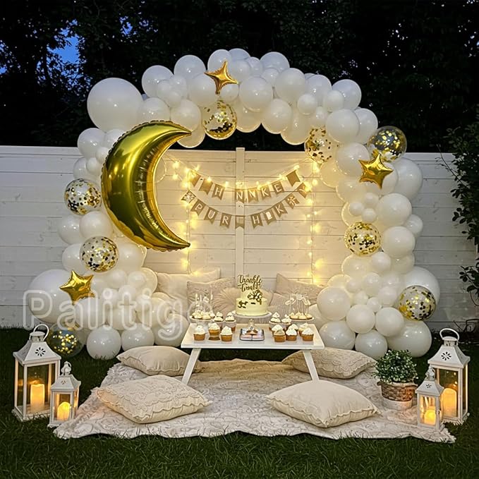 White Balloon Garland Kit - 131pcs White Balloons with Moon and Star, Perfect for Twinkle Twinkle Little Star Baby Shower, Gender Reveal,Birthday Parties, Weddings and Festive Celebrations