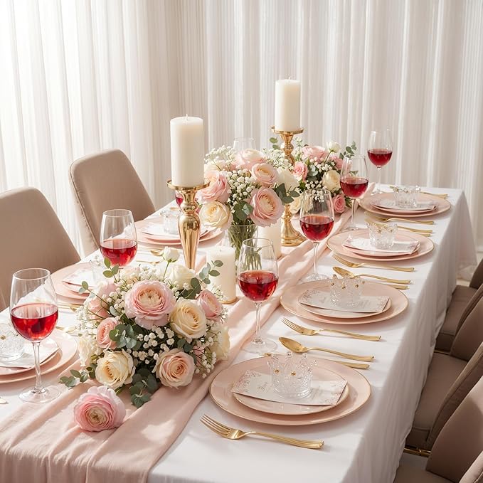 KIRE 350 PCS Pink Plastic Plates - Pink and Gold Disposable Dinnerware 50 Guest Include 50 Dinner Plate - 50Dessert Plate - 50Pre Rolled Napkins with Silverware for Mother's Day/Wedding/Baby Shower