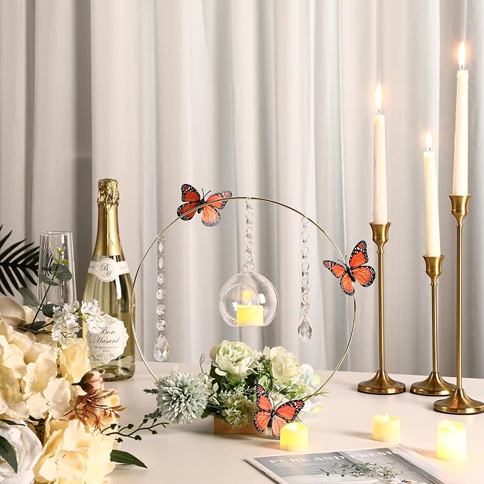 Leinuosen 6 Pack 12'' Metal Floral Hoop Centerpieces Set with Wooden Stand, Hanging Candle Holder, Acrylic Crystal Pendant Garland Crystal Garland String, for DIY Wedding Party Tabletop Decoration
