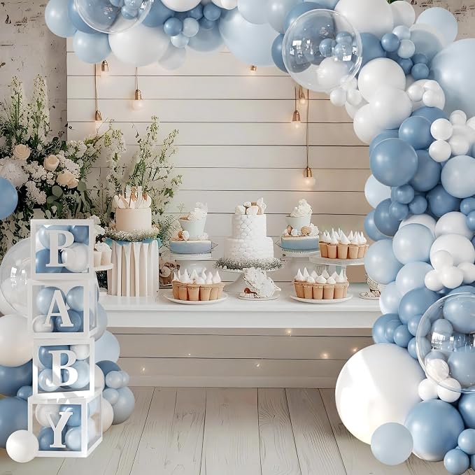 Dusty Blue Balloon Baby Shower Decorations for Boy, 140Pcs Blue Balloon Arch Garland Kit Baby Boxes with Letters for Boy Boho Baby Shower Gender Reveal Birthday Party Decorations