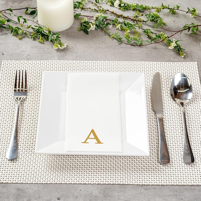 Luxenap 15.8 X 7.9 Inch Linen-Feel Guest Towels, 2000 Lettered Hand Towels - Gold Letter 'A', Sans Serif Font, White Paper Dinner Napkins, airlaid, For Restrooms And Tables - Restaurantware