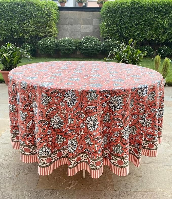 Ridhi Round Tablecloth Hand Block Print 100% Cotton Reusable Peach and Berry Blue 110 Inch Table Cover Decorative Everyday Use for Dining, Home, Farmhouse Gift for Spring, Mother's Day