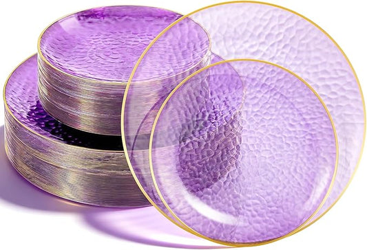 Lullaby 60pcs Purple Plastic Plates with Gold Rim, Include 30pcs Dinner Plate 10'' and 30pcs Heavy Duty Dessert Plate 7.5'', Plastic Disposable Plates for Parties, Birthdays and Wedding