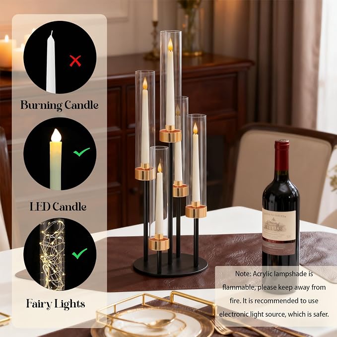 5-Arm Black Metal Table Candelabra Centerpiece, 22" Tall Clear Candlesticks Holder with Shade for Valentines Day Events Party Table Centerpiece,Fit LED Candles (4, Black+Gold, S-22in)