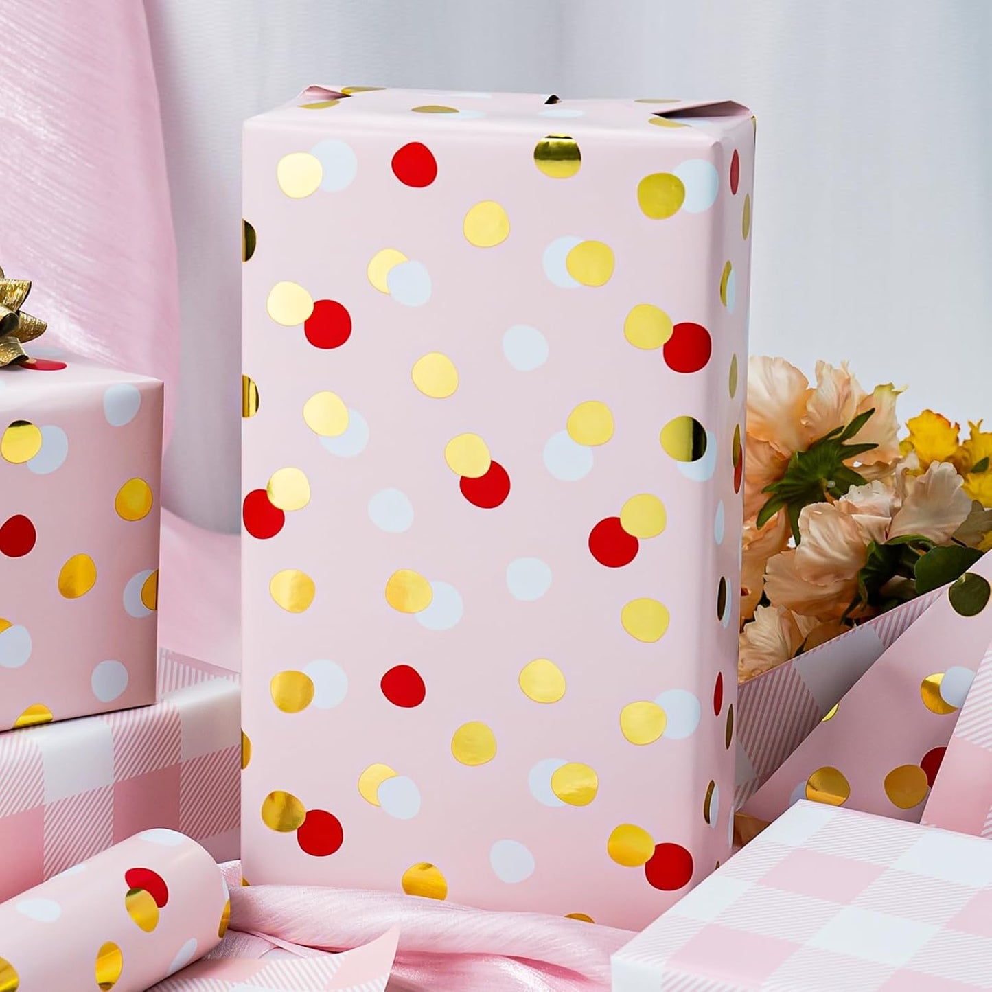 Burymento Red Gold Dots Wrapping Paper, Reversible Pink Lattice Design Gift Wrap for Baby Shower, Birthday, Valentines, Mothers day, Graduation, Wedding, Fathers day, Christmas (17 Inch X 32.8 Feet)