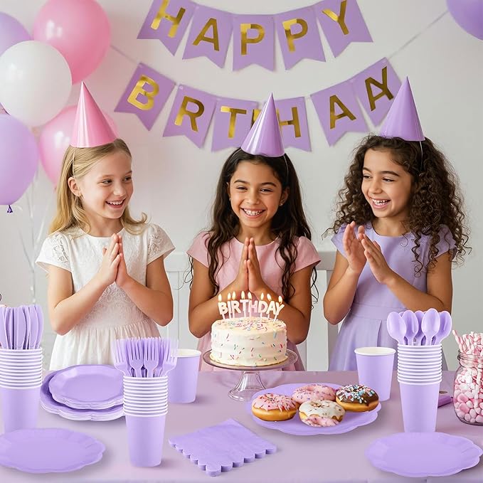 175 Pcs Light Purple Plates and Napkins Set, 25 Guest Purple Party Supplies Include Scalloped Plate Paper Napkin Cup Forks Knives Disposable Plastic Cutlery for Wedding Baby Shower Birthday Party