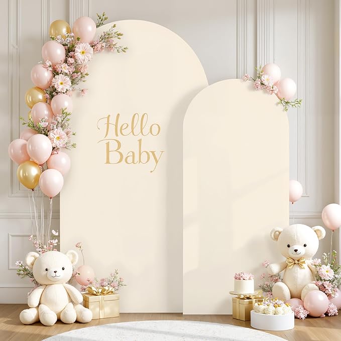 White and Beige Arch Cover Set of 2-7.2FT and 6FT Arch Backdrop Cover Spandex Fitted Wedding Balloon Arch Stand Covers for Bridal Shower Wedding Baby Shower Birthday Party Ceremony Photo Background