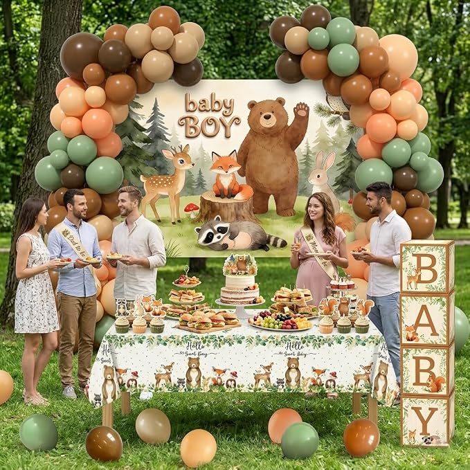 Woodland Baby Shower Decorations 140 PCS, Forest Animals Theme Party Supplies with 7x5ft Backdrop, Tablecloth, Balloon Arch Kit, Cake Toppers, Boxes, Mom to Be Sash, Baby Boy Shower Decorations