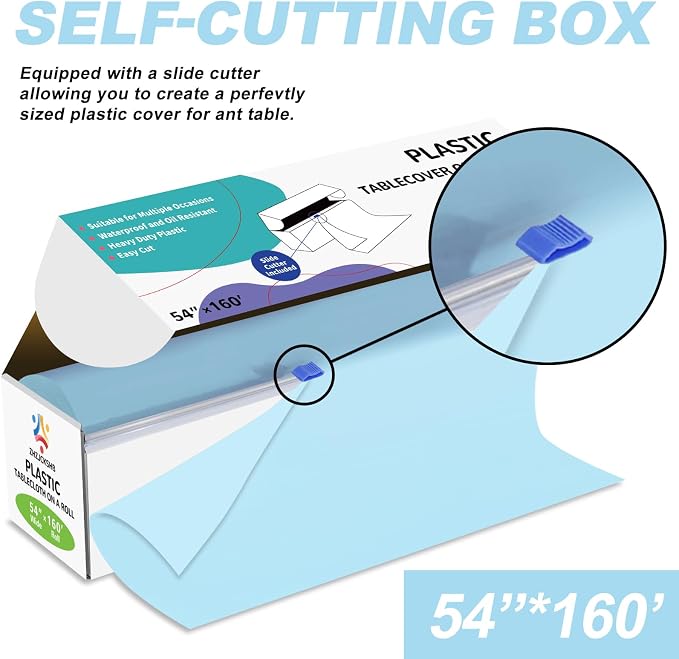 54IN X 160FT Plastic Table Cover Roll with Cutter Box, Cut to Size Plastic Table Cloths for Parties, Birthday, Disposable Tablecloth Roll for All Shape Tables (Light Blue, 54 Inch X 160 Feet)