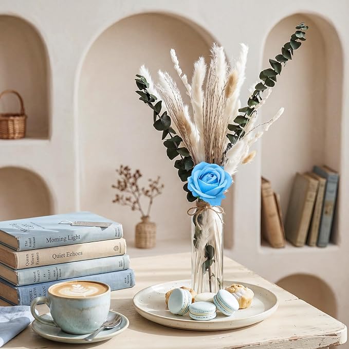 Qinyoung 10 Set Dried Pampas Grass Centerpiece for Wedding Baby Shower Party 10 Glass Flower Jars 10 Artificial Roses 80 Dried Pampas Grass with Rope for Rustic Bridal Farmhouse Decoration (Blue)