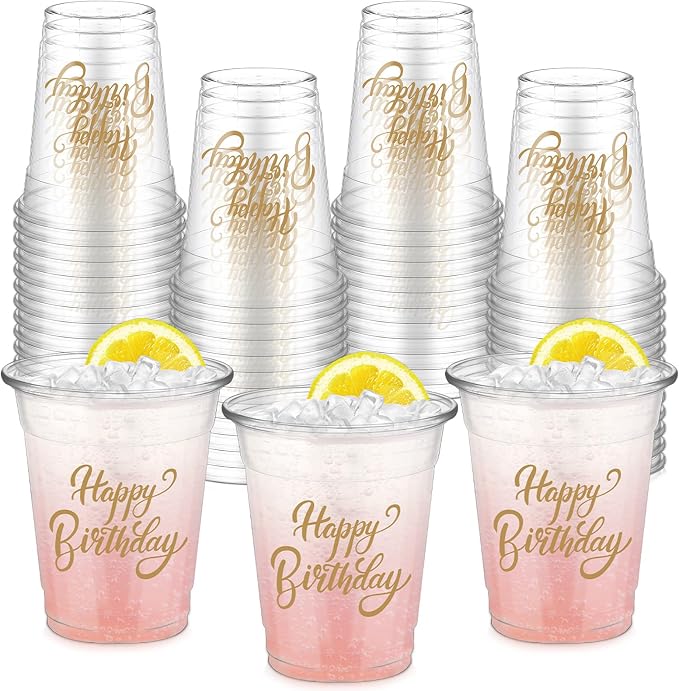 FoldTier 50 Pcs Happy Birthday Cups 12 oz Plastic Birthday Party Glasses Clear Disposable Drinking Cups for Home Kitchen Theme Party Favors Supplies Decoration