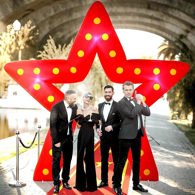 10FT Movie Night Star Outdoor Inflatable Decoration Giant Pentagram Archway with Built in LED Lights Red Runner Rug Movie Theme Blow Up Decor for Red Carpet Awards Birthday Party Yard Garden Decor