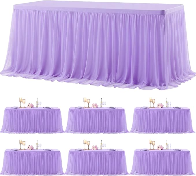 6 Pack Lavender Table Cloth for 6 Foot Rectangle Tables, Stretch Fitted Tulle Table Covers Skirt, Rectangular Ruffle Tutu Tablecloth Wedding Banquet Baby Shower Cake Tablecloths Decorations