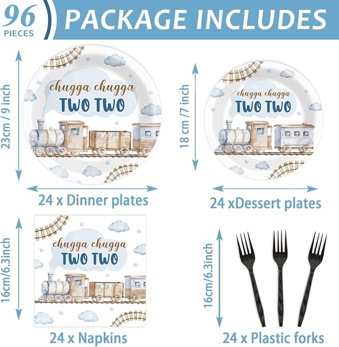 96Pcs Chugga Chugga Two Two Birthday Party Supplies Watercolor Train 2nd Year Old Paper Plates and Napkins Choo Choo I'm 2 Tableware Disposable Dessert Dinnerware Set for Birthday Decor for 24 Guests