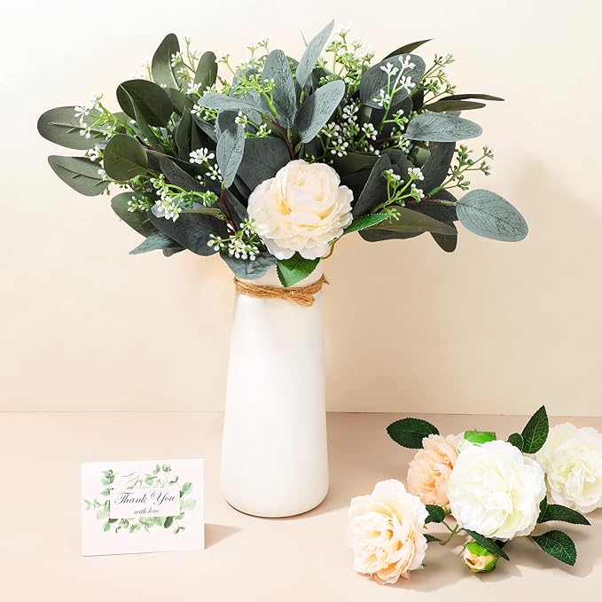Janinka 60 Pcs Artificial Greenery Eucalyptus Stem Artificial Mixed Eucalyptus Stems Leaves Bulk with White Seeds Silver Dollar Faux Greenry Stems Sprays for Wedding Bouquet Decor Flower Arrangement