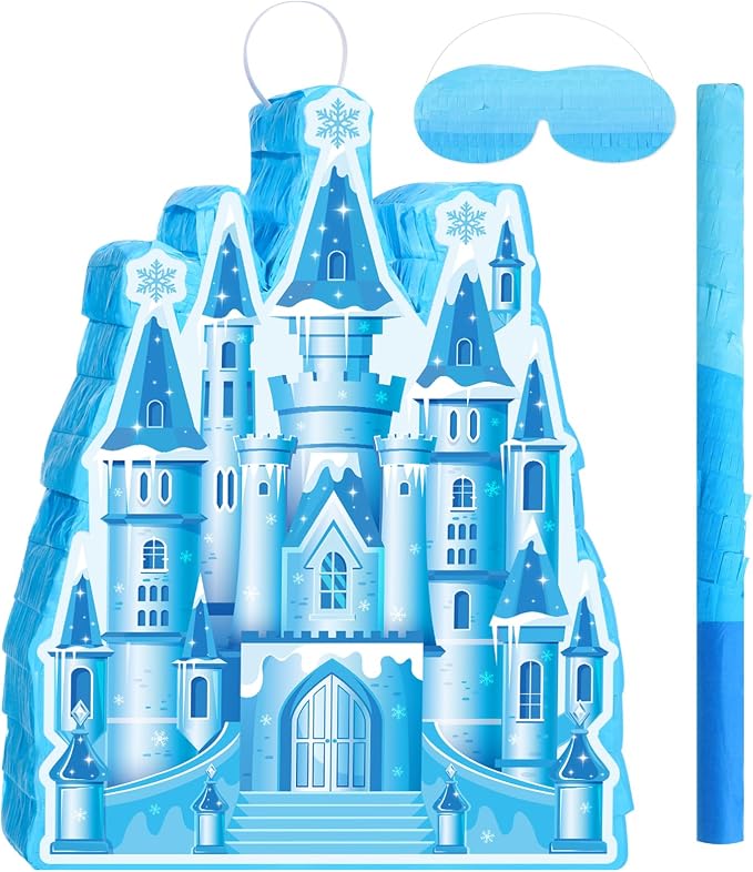 VioraWhite Princess Castle Piñata Blue Princess Birthday Party Supplies Blue Castle Piñata Set with Stick and Blindfold for Girls Kids Magical Wonderland Birthday Party Game Decorations Supplies