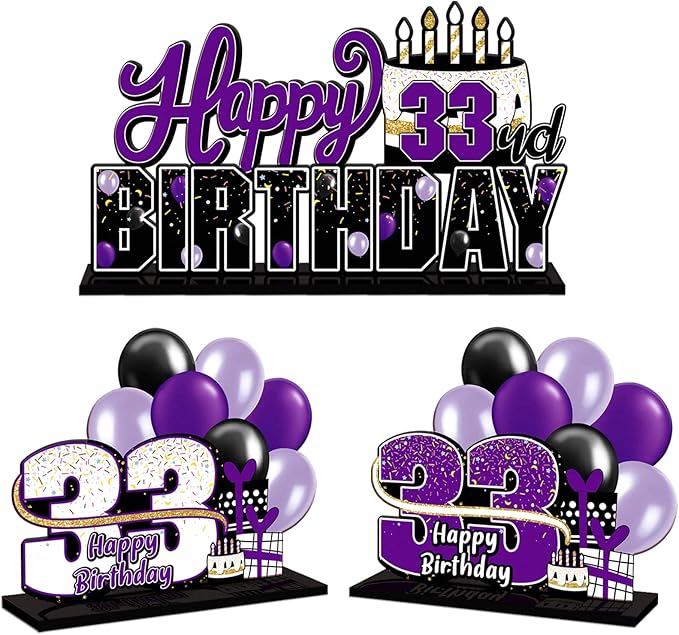 LINGTEER Happy 33rd Birthday Purple Acrylic Table Topper Centerpieces Set - Cheers to 33 Years Old Birthday 33rd Bday Party Gift Decorations.
