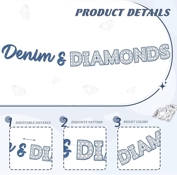 Denim and Diamonds Party Decorations Denim and Diamonds Backdrop Banner Sash with Blue Silver Balloons for Women Girls Birthday Bachelorette Party Bridal Shower Wedding Supplies