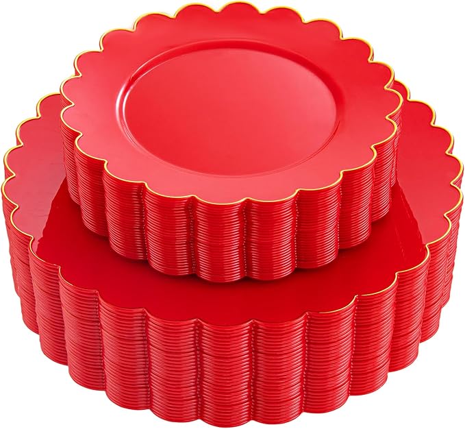 LIYH 60 Pcs Red Plastic Plates Disposable with Gold Edge Scalloped Red Gold Disposable Plates Includes 30 Dessert & 30 Dinner Plate Dishes Tableware for Party