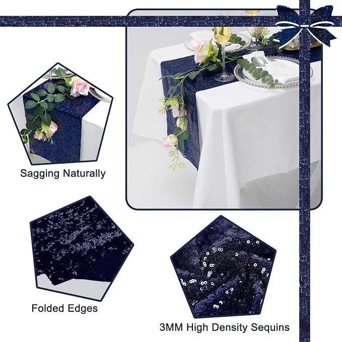 6 Pack Navy Blue Sequin Table Runner 12 x 108 Inch - High Density Sparkly Glitter Table Runners for Wedding, Graduation Party, Baby Shower, Shimmering Navy Blue Decor