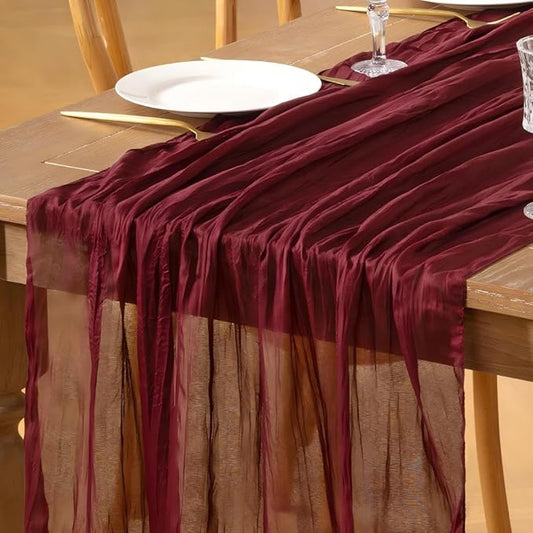 Burgundy Red Cheesecloth Table Runner 3pcs10FT Boho Rustic Sheer Gauze Cheese Cloth Table Runner 35x120 Inch for Anniversary Wedding Bridal Baby Shower Birthday Home Decor