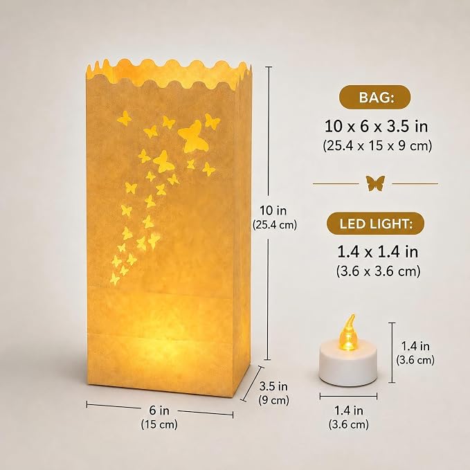 AceList 50 Butterfly Luminary Bags with 50 Flameless LED Tea Lights | Butterfly cutout, warm flickering amber light, reusable & flame-free, for weddings, garden parties, walkways & outdoor decor