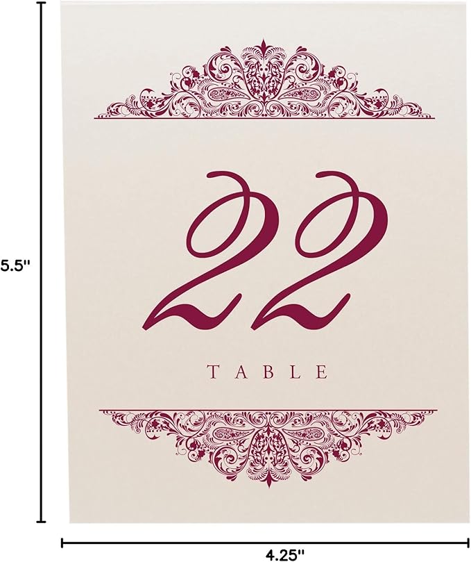 Paisley Wedding Table Numbers (Select Color/Quantity), Champagne, Burgundy, 1-15, Double Sided, Tent or Use in a Stand, Great for Parties & Restaurants - Made in the USA