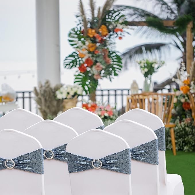 50 Pack Sequin Dusty Blue Chair Sashes for Wedding Chairs Bands Bows for Party Birthdya Banquets Birthday Anniversary Outdoor Events Decorations