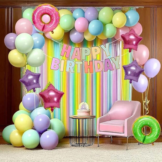Pastel Birthday Decoration Kit Happy Birthday Banner Macaron Fringe Curtains Green Pink Candy Donut Star Foil Balloon Rainbow Colorful Double Stuffed Balloons for Girls Baby Shower Easter Party Decor