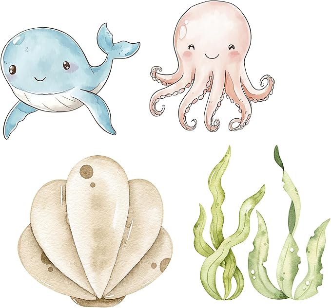Honoson 4 Pcs Large 32" Under The Sea Party Decorations Ocean Animal Shell Cardboard Cutouts Standup Baby Shower Backdrop Photo Props Sign for Marine Animal Birthday Party Decor