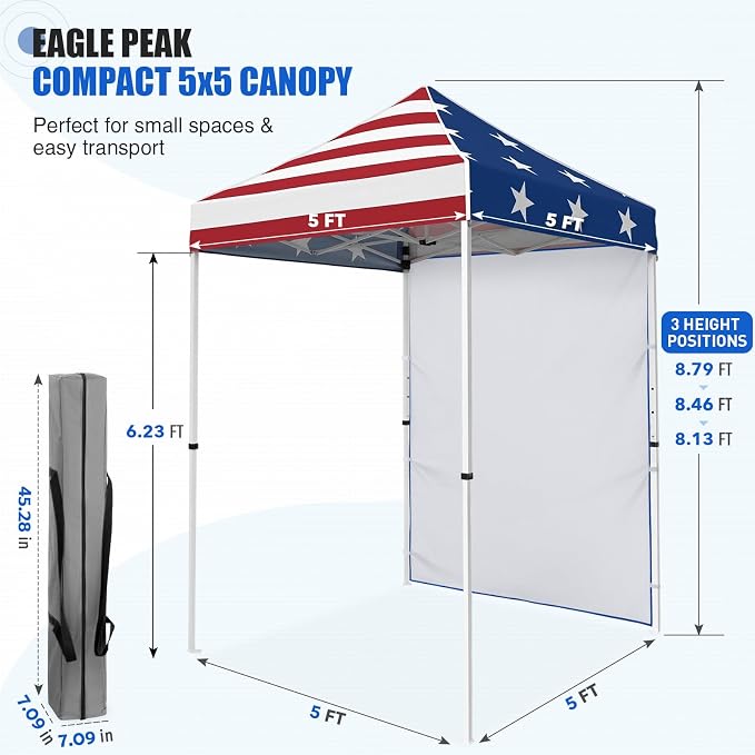 EAGLE PEAK Pop up Canopy 5x5, Outdoor Portable Canopy Tent with One Removable Sunwall, Carry Bag Included, American Flag