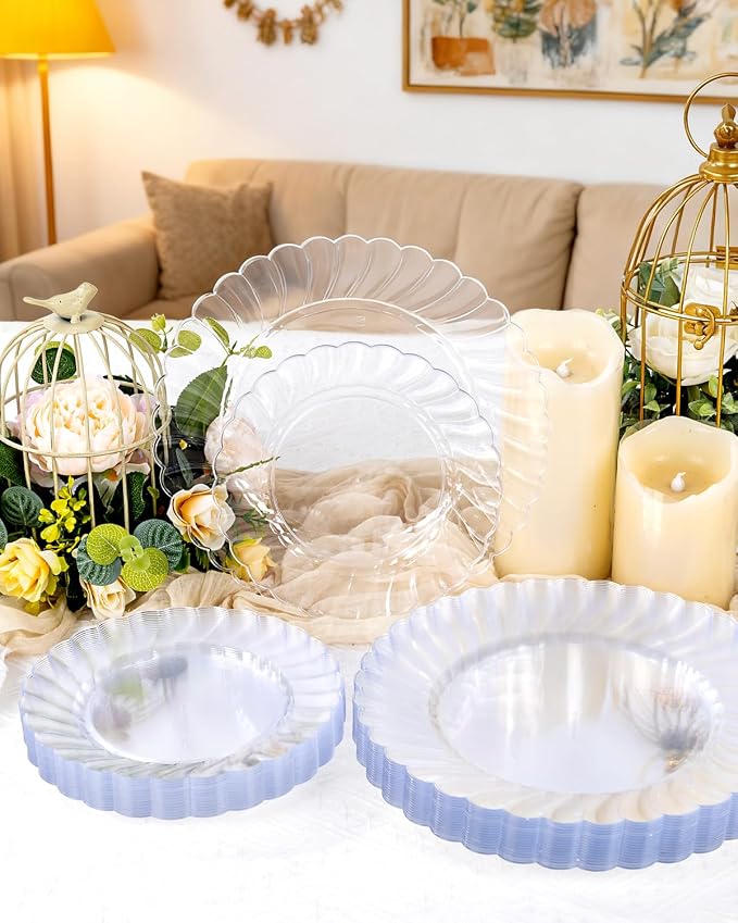 YOUBET 60PCS Clear Scalloped Plastic Plates - Premium Hard Disposable Facny Plastic Plates include 30 Dinner Plate, 30 Dessert Plate for Party & Wedding