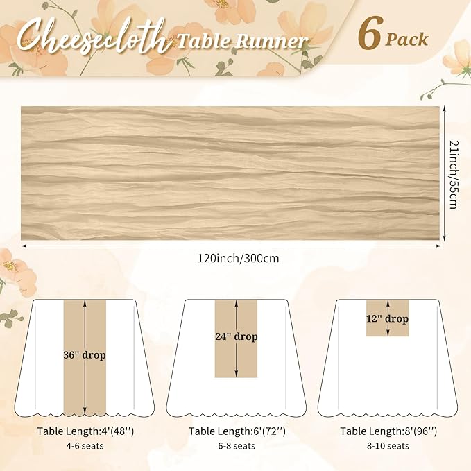 6 Pack Cheesecloth Table Runner Beige 10Ft Rustic Boho Gauze Table Runner Romantic Long Sheer Fabric Cheesecloth Table Runner for Wedding Festival Birthday Anniversary Dinner Outdoor Events