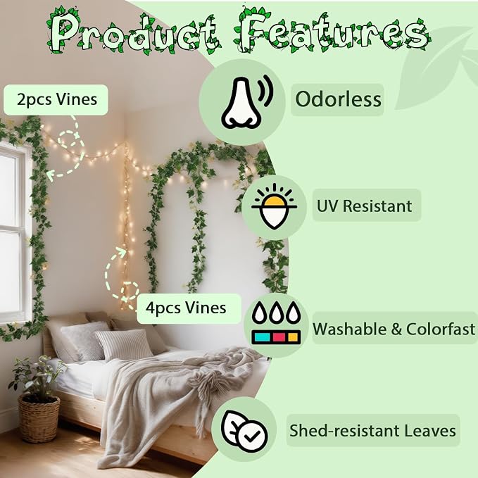 ucky Fake Vines, Eucalyptu Vines Garland, Ivy Vines, Green Artificial Wall Decor Hanging, Wedding Decoration，Flower Bouquet Decoration (2, Boston Vines)