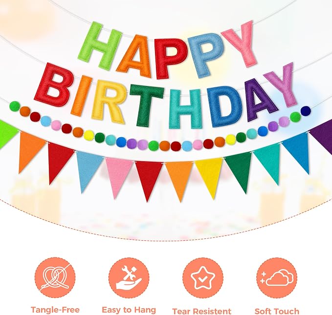 Happy Birthday Banner Set, Pre-Strung 3D Felt Birthday Banner with Pom Pom Garland and Triangle Bunting, Reusable Colorful Birthday Decorations for Party Backdrop Decor
