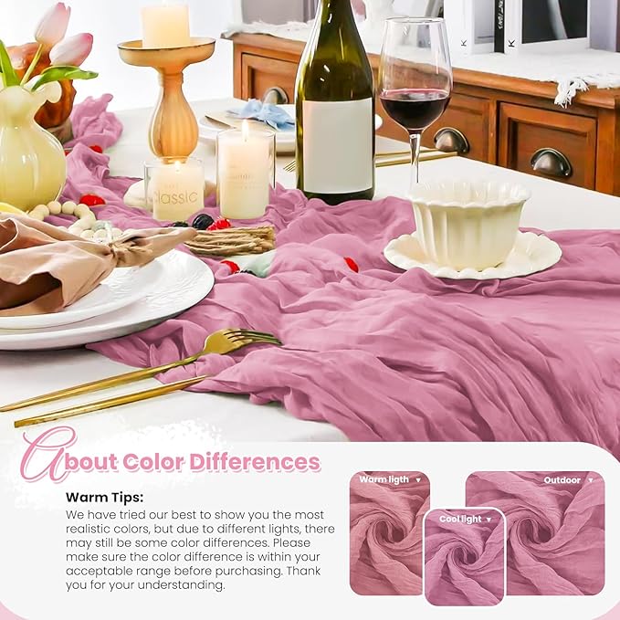 12 Pack Dusty Rose Cheesecloth Table Runner, 10FT Cheesecloth Rustic Boho Table Runner Long Romantic Semi Sheer Table Runner for Wedding Birthday Bridal Shower Party Decorations(21.5×120 Inch)