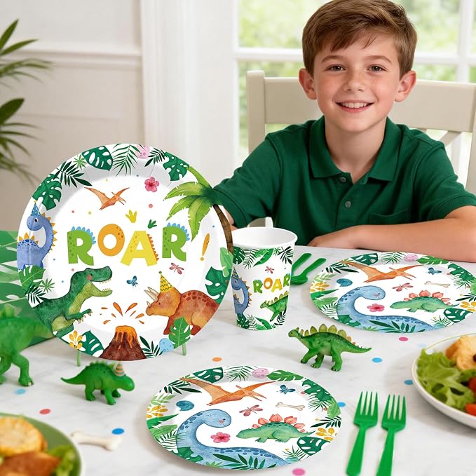 268Pcs Dinosaur Birthday Party Decorations, All-in-One Dinosaur Party Decorations Set for 25 Guests with Balloon Garland Arch, Plates, Tablecloth, Cake Topper, Backdrop, Napkins, Glitter Banner