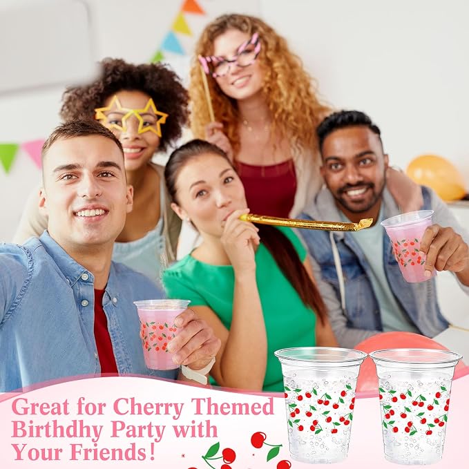 Funnymoom 60 Pack Cherry Plastic Cups 12 oz Red Cherry Disposable Clear Plastic Drinking Cups for Summer Spring Fruit Theme Baby Shower Birthday Holiday Party Decoration Favors Supplies