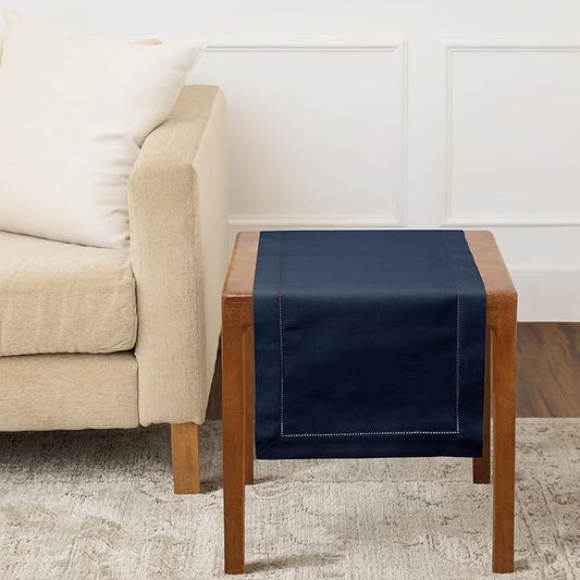 Solino Home Navy Blue Hemstitch Table Runner 36 Inches - Cotton Linen Small Table Runner 14 x 36 Inch Ideal for Dresser and Coffee Tables - Fall, Autumn, Halloween, Thanksgiving, Christmas, Holiday